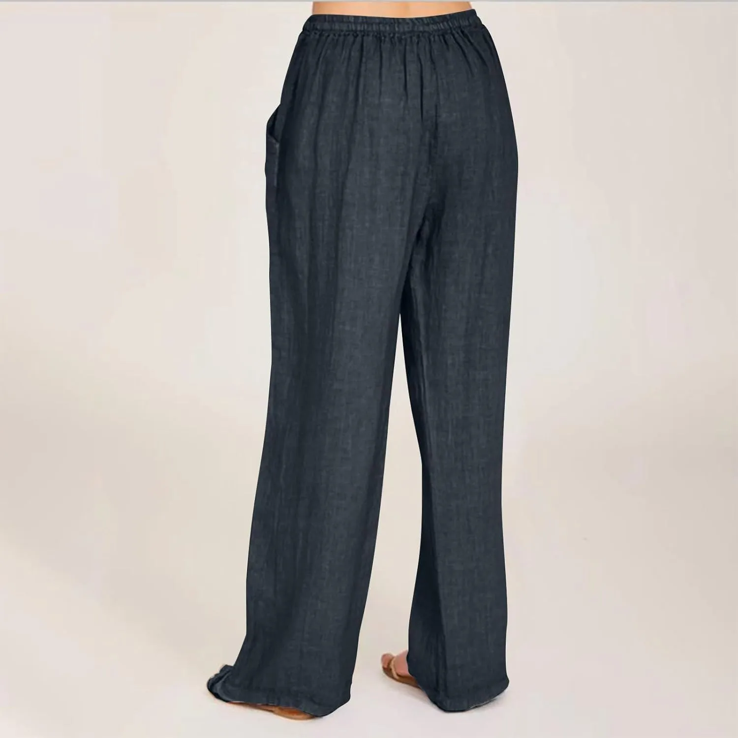 Wide Leg Linen Pants Women Summer Elastic High Waisted Lounge Pants Beach Trouser with Pockets Casual Slacks Clothes