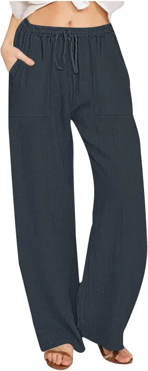 Wide Leg Linen Pants Women Summer Elastic High Waisted Lounge Pants Beach Trouser with Pockets Casual Slacks Clothes