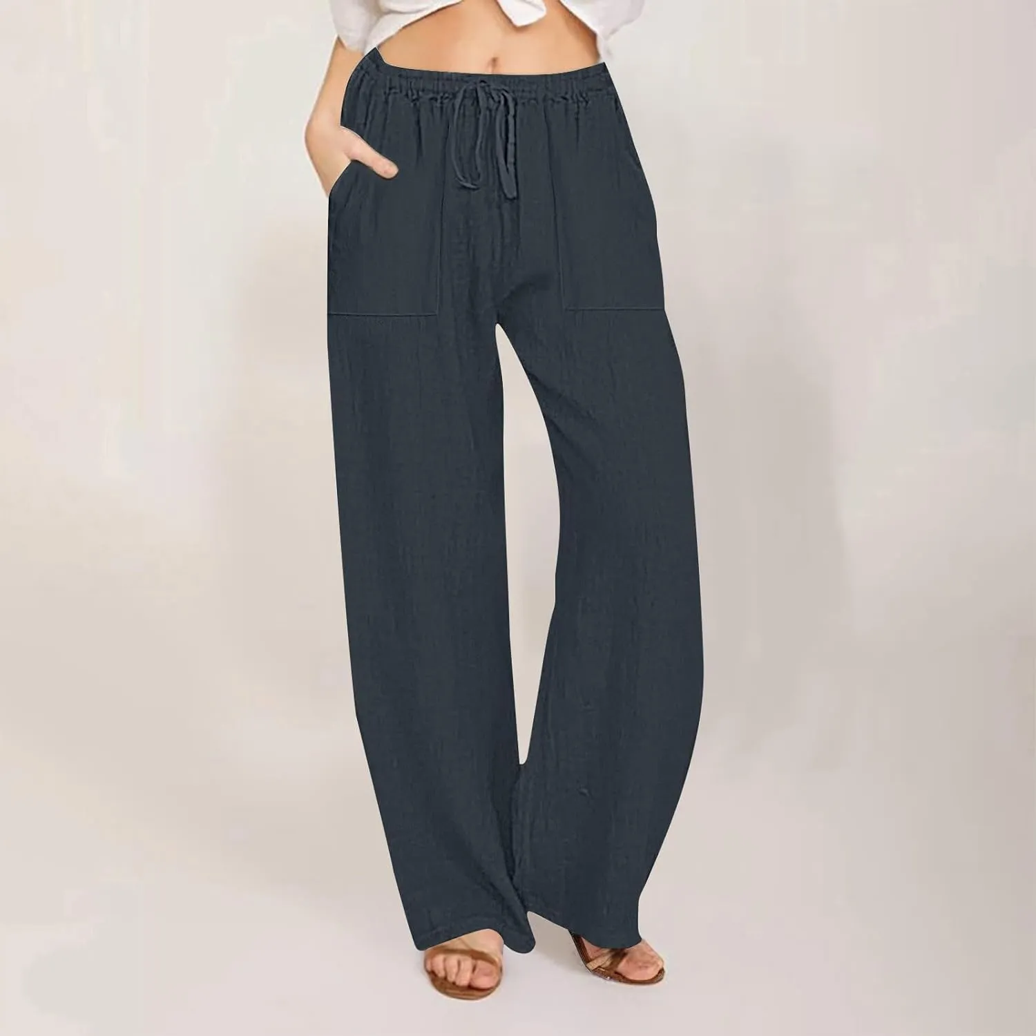 Wide Leg Linen Pants Women Summer Elastic High Waisted Lounge Pants Beach Trouser with Pockets Casual Slacks Clothes