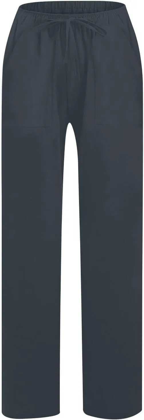Wide Leg Linen Pants Women Summer Elastic High Waisted Lounge Pants Beach Trouser with Pockets Casual Slacks Clothes