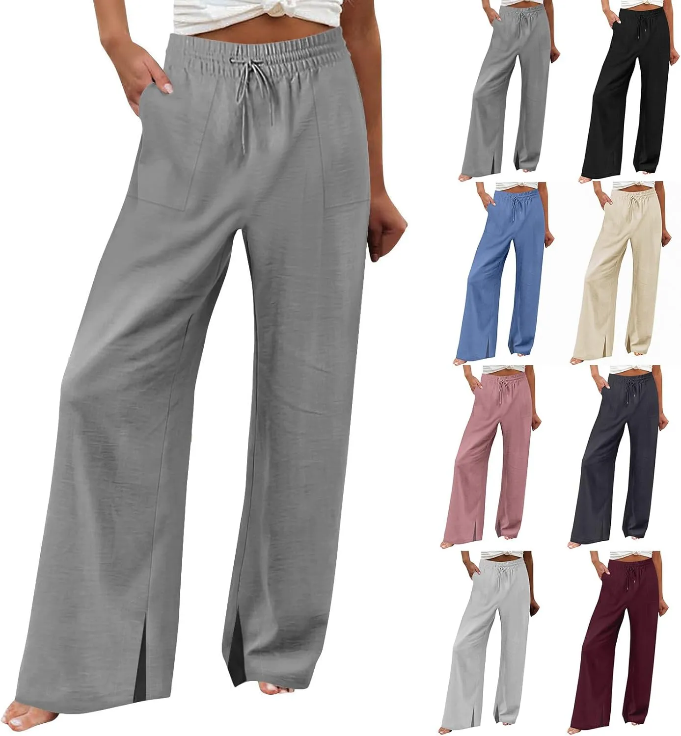 Wide Leg Linen Pants Women Summer Elastic High Waisted Palazzo Pants Side Slit Casual Work Beach Trousers with Pocket