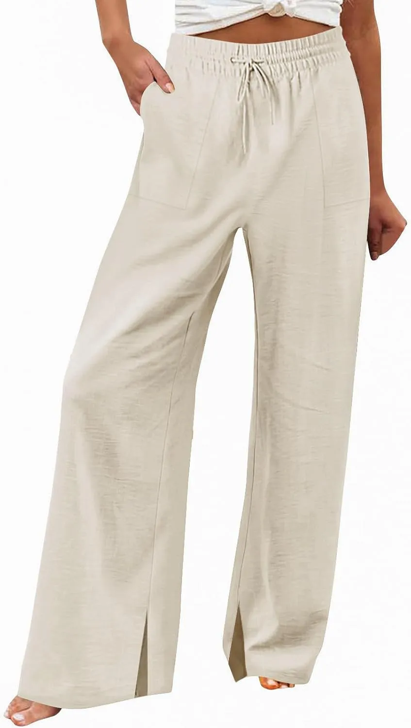Wide Leg Linen Pants Women Summer Elastic High Waisted Palazzo Pants Side Slit Casual Work Beach Trousers with Pocket