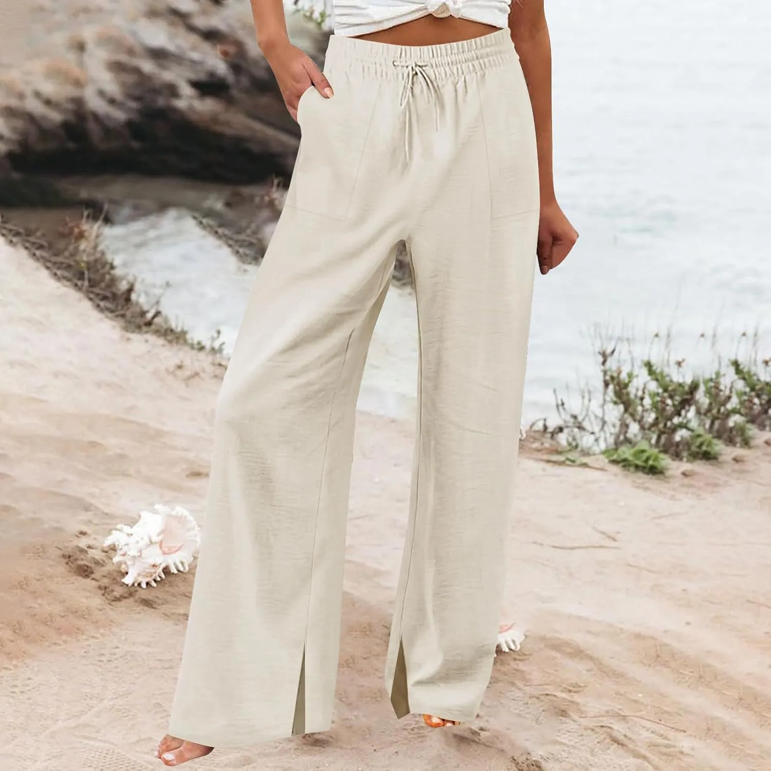 Wide Leg Linen Pants Women Summer Elastic High Waisted Palazzo Pants Side Slit Casual Work Beach Trousers with Pocket