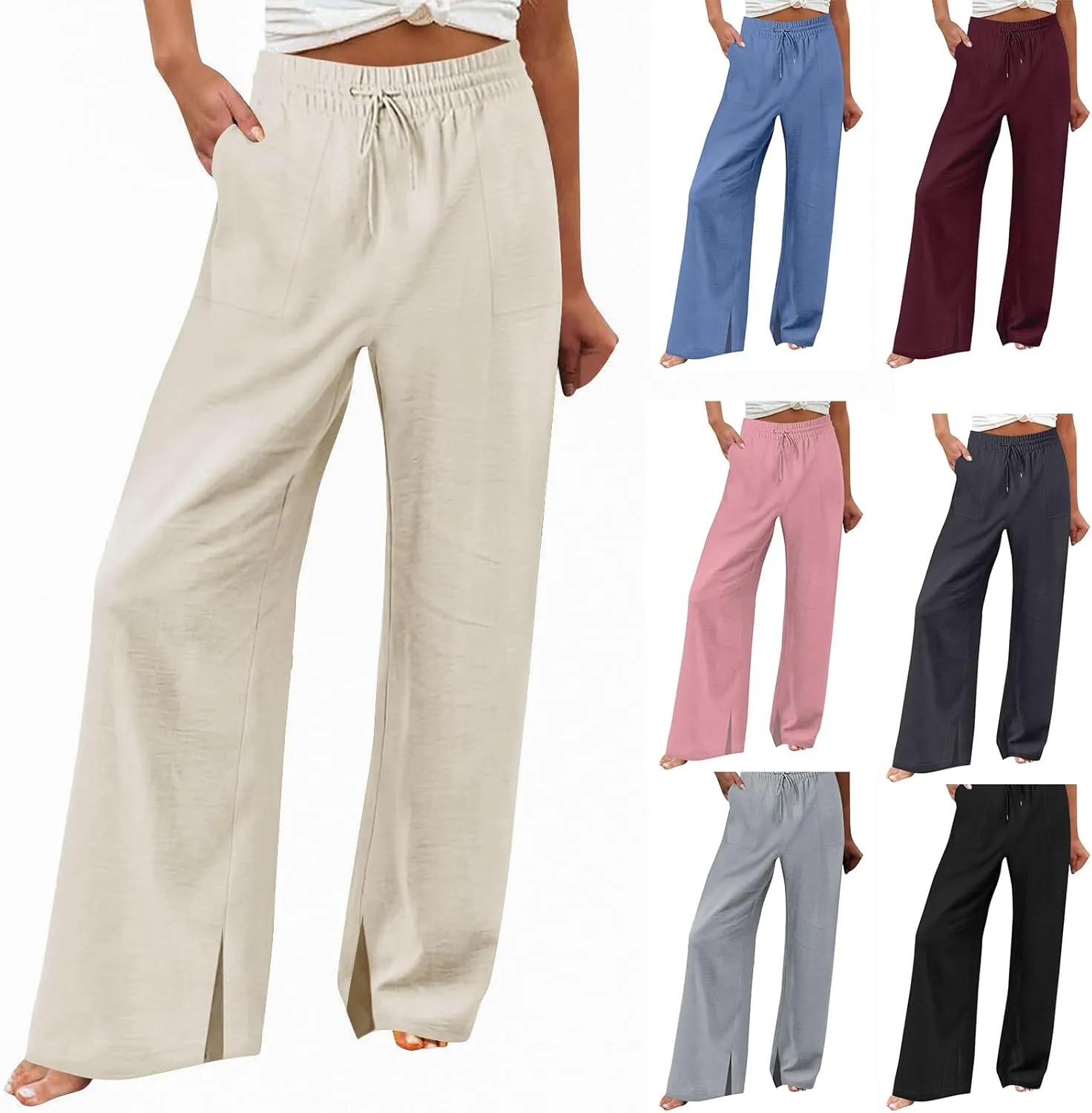 Wide Leg Linen Pants Women Summer Elastic High Waisted Palazzo Pants Side Slit Casual Work Beach Trousers with Pocket
