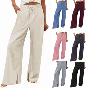 Wide Leg Linen Pants Women Summer Elastic High Waisted Palazzo Pants Side Slit Casual Work Beach Trousers with Pocket