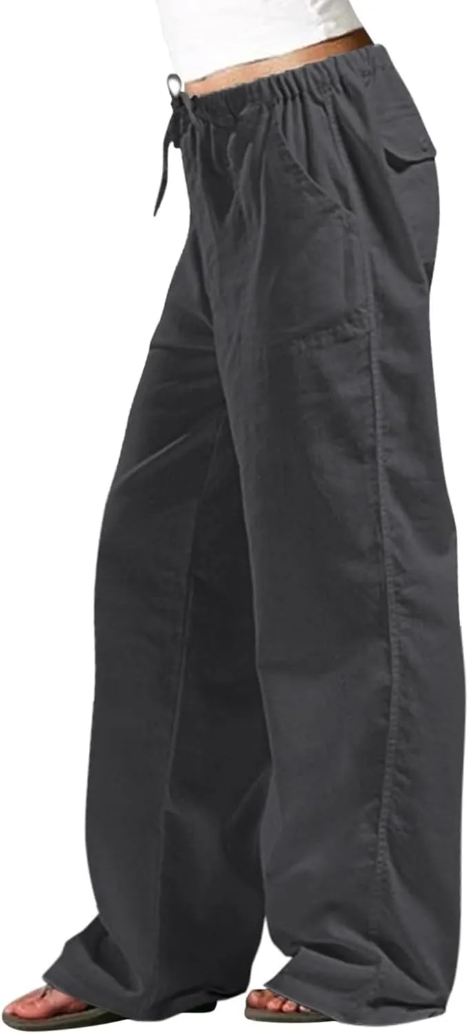 Wide Leg Palazzo Pants for Women Drawstring Elastic High Waisted Wide Leg Linen Pants Baggy Lounge Pants with Pockets