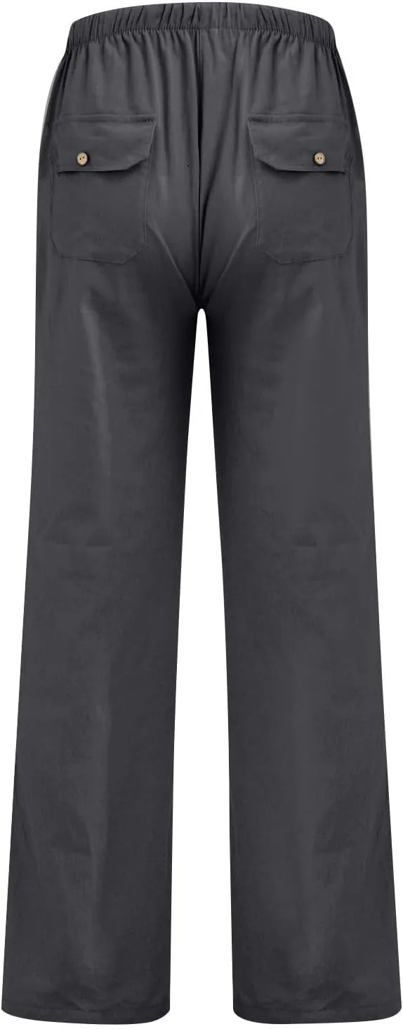 Wide Leg Palazzo Pants for Women Drawstring Elastic High Waisted Wide Leg Linen Pants Baggy Lounge Pants with Pockets