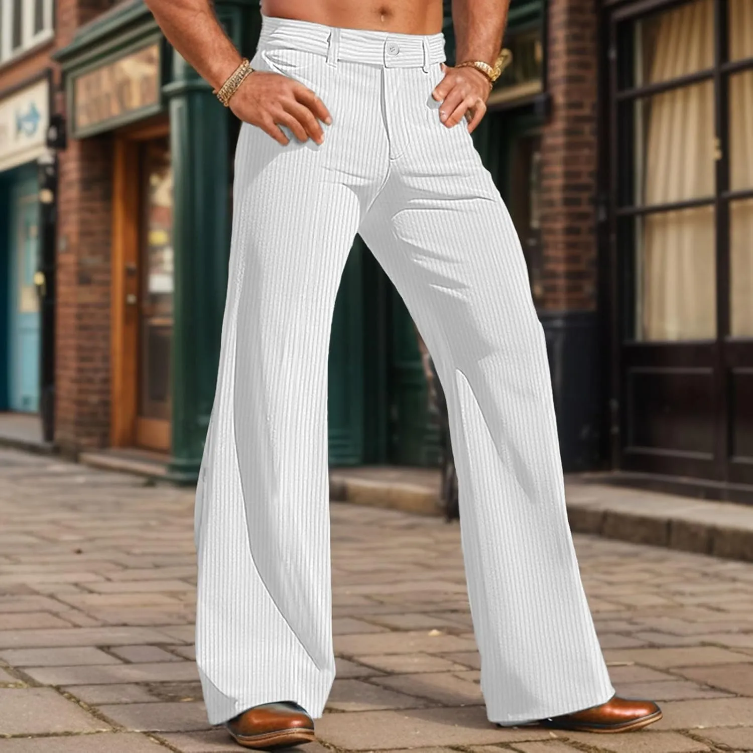 Wide Leg Pants Dress Pants Solid Color Loose Comfy Slim Fit Corduroy Elastic Waist Baggy Casual Pants with Pockets