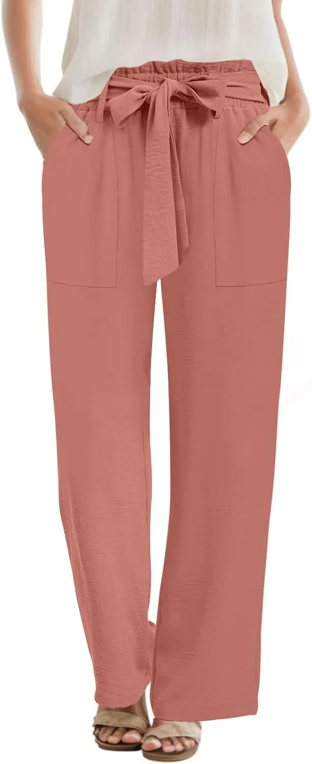 Wide Leg Pants for Women 2024 High Waisted Palazzo Pants with Pockets Adjustable Tie Knot Flowy Trousers