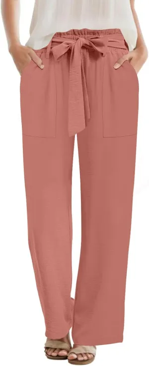 Wide Leg Pants for Women 2024 High Waisted Palazzo Pants with Pockets Adjustable Tie Knot Flowy Trousers