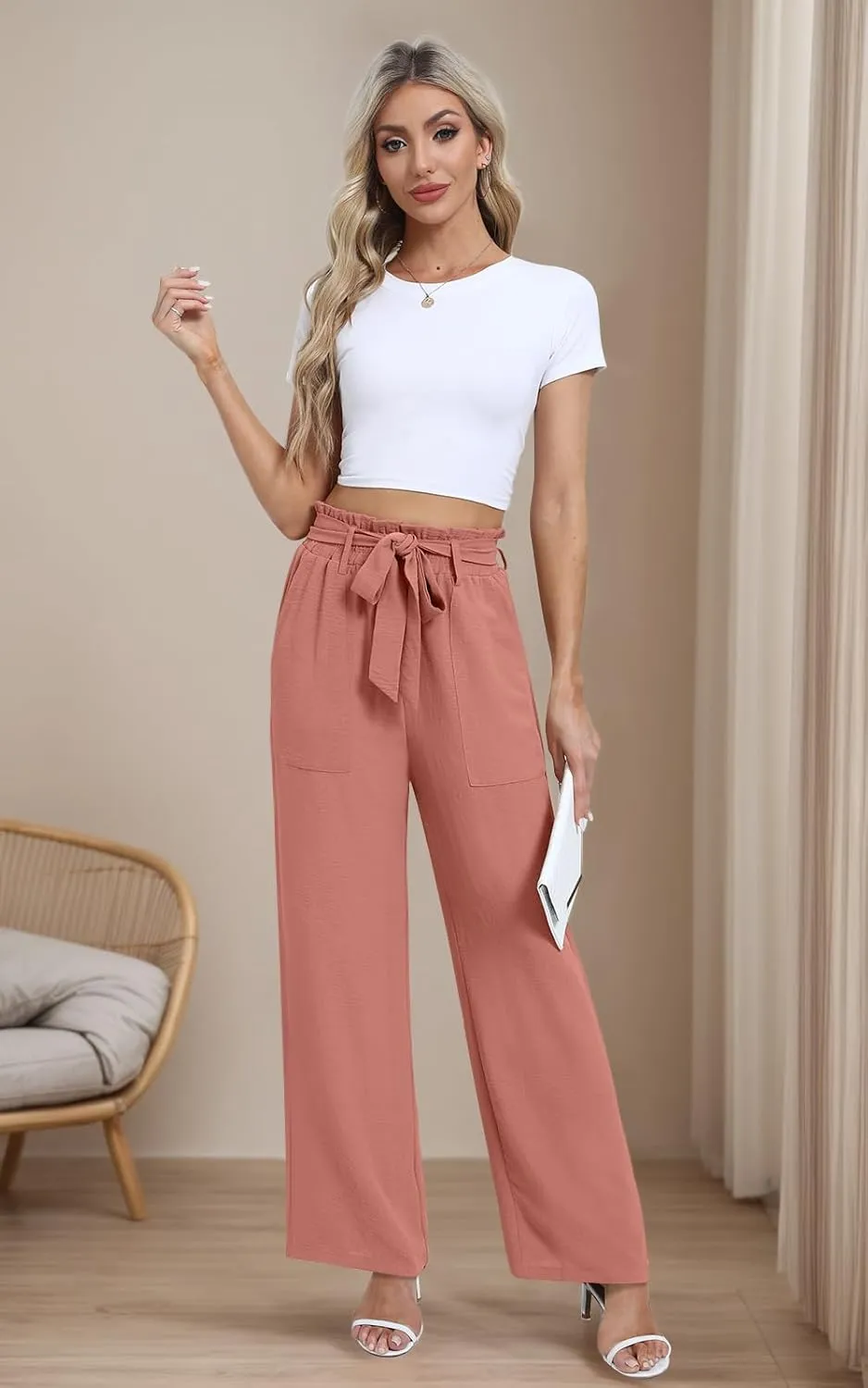 Wide Leg Pants for Women 2024 High Waisted Palazzo Pants with Pockets Adjustable Tie Knot Flowy Trousers
