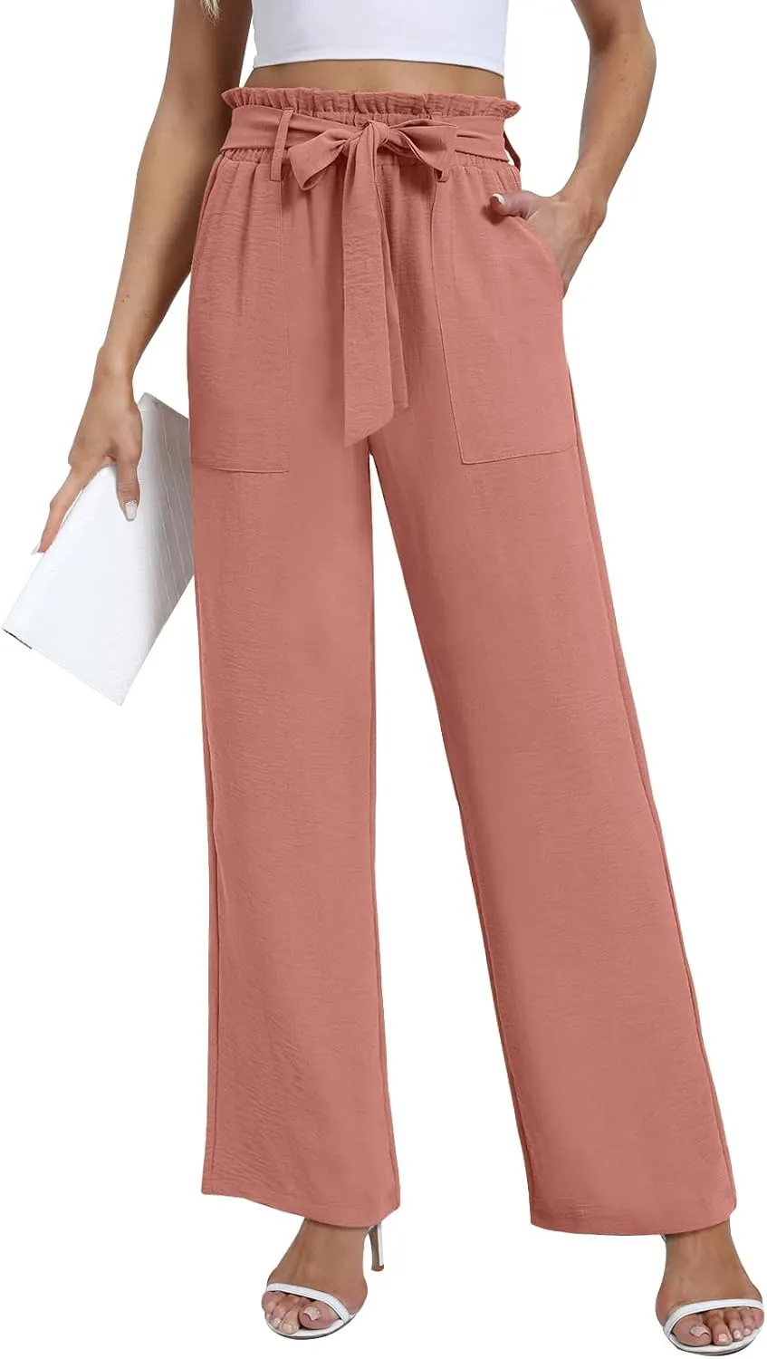Wide Leg Pants for Women 2024 High Waisted Palazzo Pants with Pockets Adjustable Tie Knot Flowy Trousers