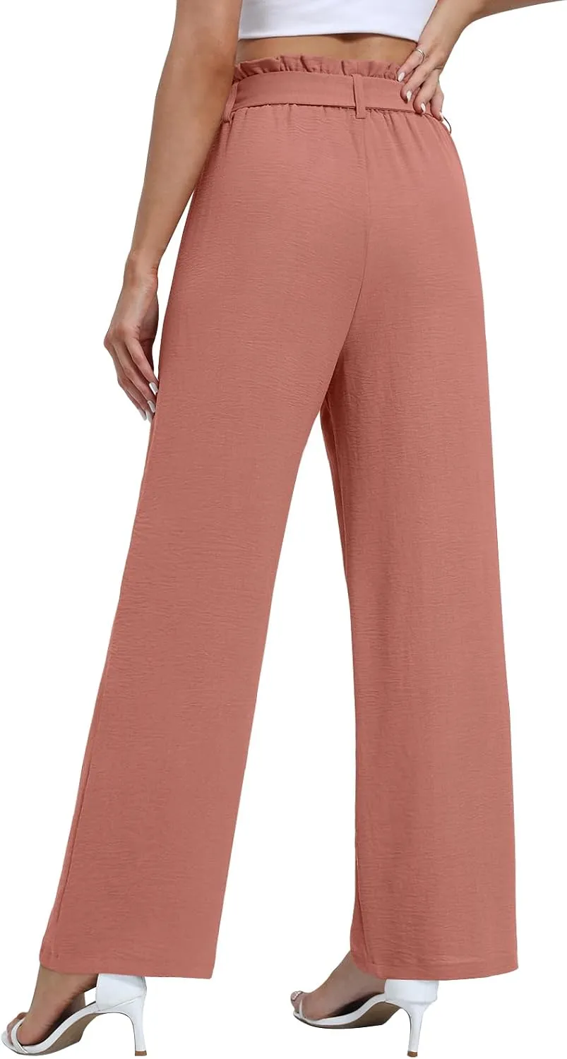 Wide Leg Pants for Women 2024 High Waisted Palazzo Pants with Pockets Adjustable Tie Knot Flowy Trousers