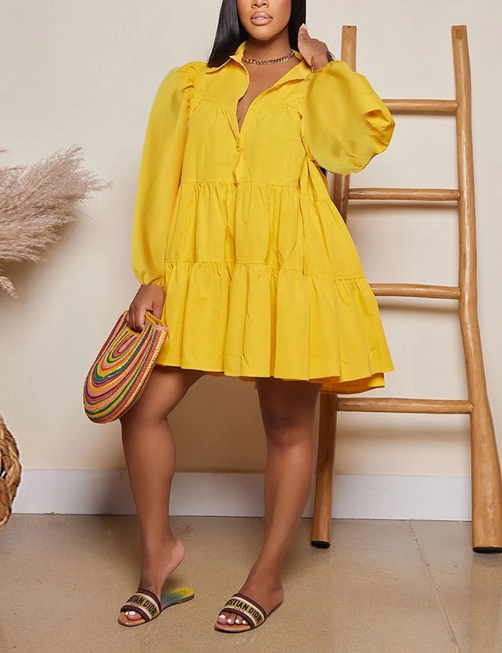 WOKANSE Women's 2024 Fall Cute Babydoll Ruffle Hem Puff Sleeve Dress Loose Plus Size Shirt Dresses