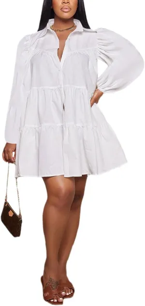 WOKANSE Women's 2024 Fall Cute Babydoll Ruffle Hem Puff Sleeve Dress Loose Plus Size Shirt Dresses