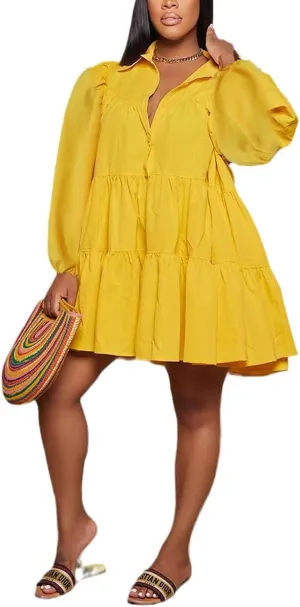 WOKANSE Women's 2024 Fall Cute Babydoll Ruffle Hem Puff Sleeve Dress Loose Plus Size Shirt Dresses