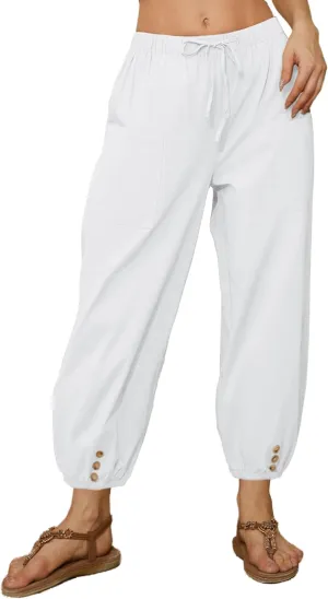 Women Capri Pants Casual Drawstring Elastic High Waist Baggy Wide Leg Cropped Pants Trousers for Ladies Summer