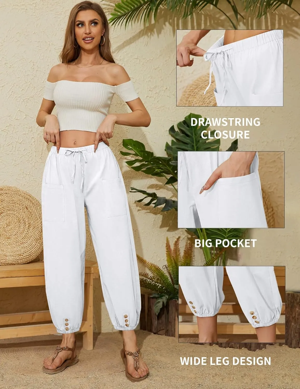 Women Capri Pants Casual Drawstring Elastic High Waist Baggy Wide Leg Cropped Pants Trousers for Ladies Summer