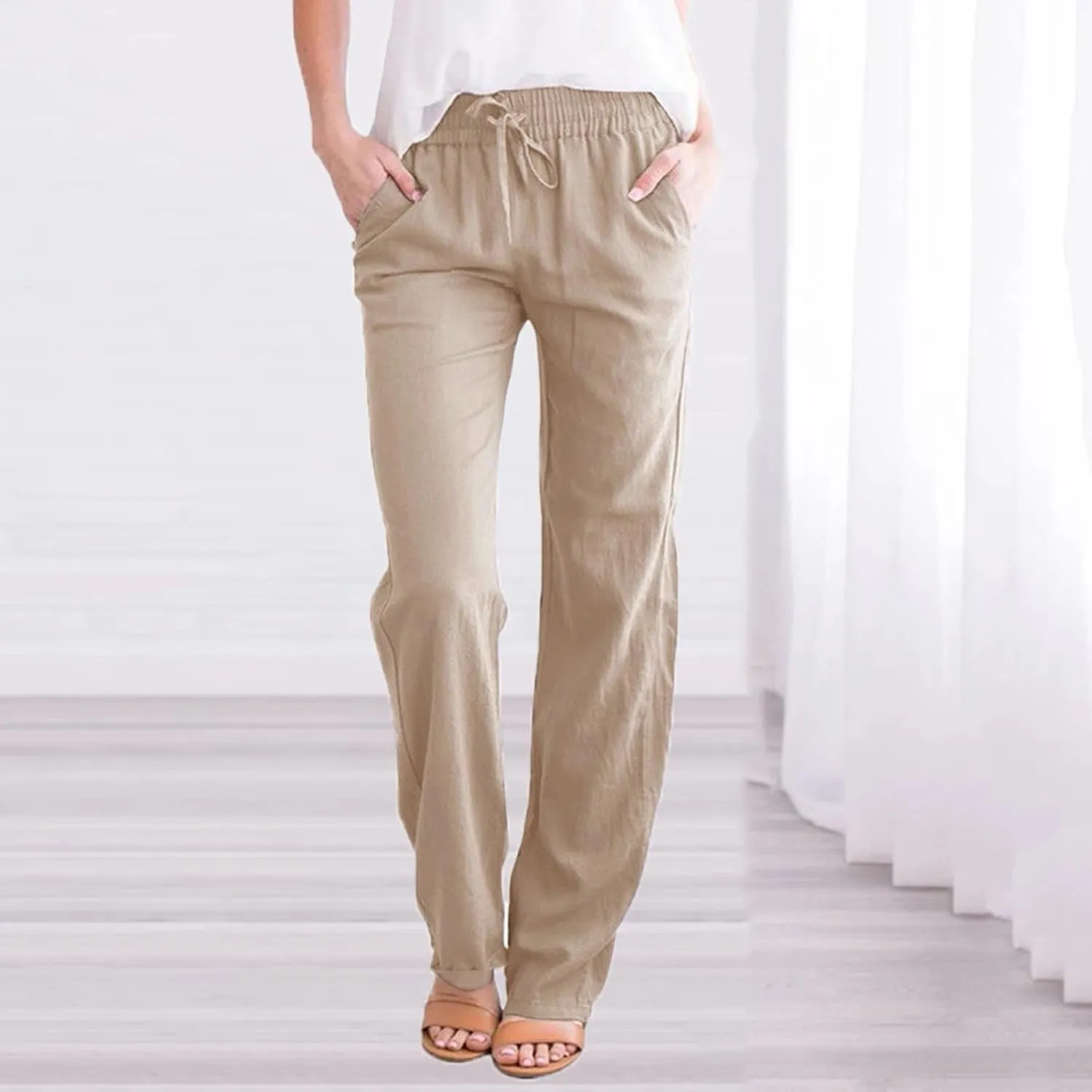 Women Casual Straight Pants High Waisted Elastic Drawstring Trousers Cotton&Linen Comfy Pant for Summer Beach Vacation
