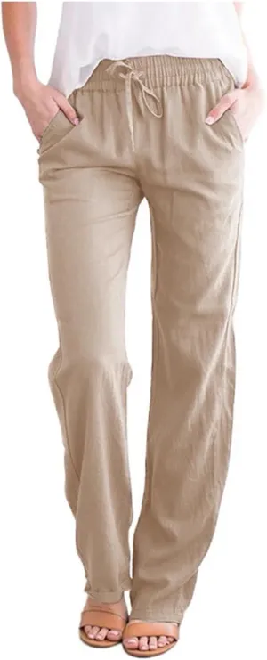 Women Casual Straight Pants High Waisted Elastic Drawstring Trousers Cotton&Linen Comfy Pant for Summer Beach Vacation
