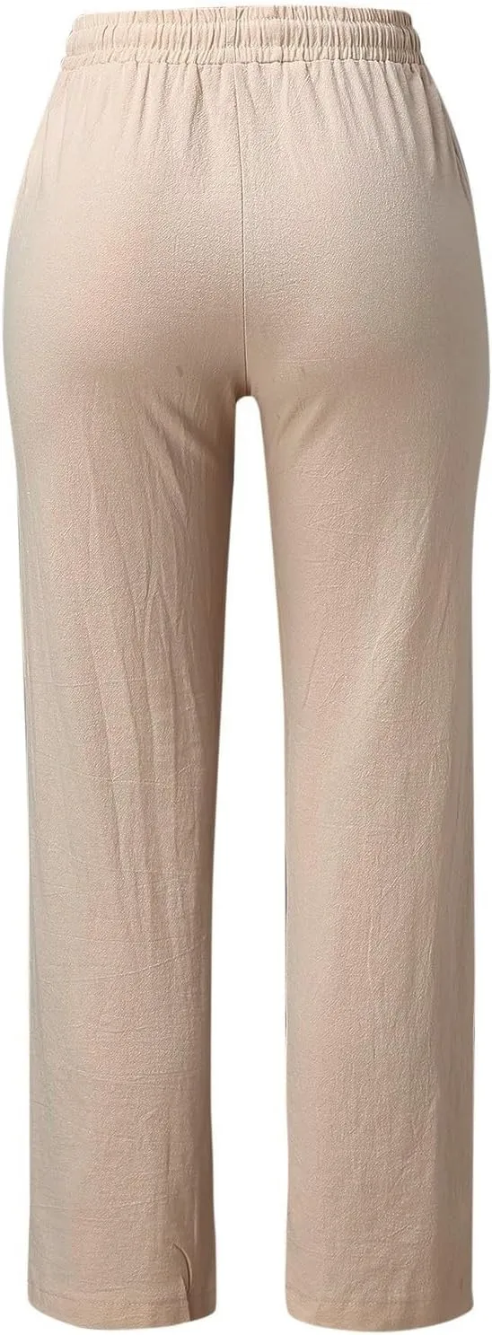 Women Casual Straight Pants High Waisted Elastic Drawstring Trousers Cotton&Linen Comfy Pant for Summer Beach Vacation