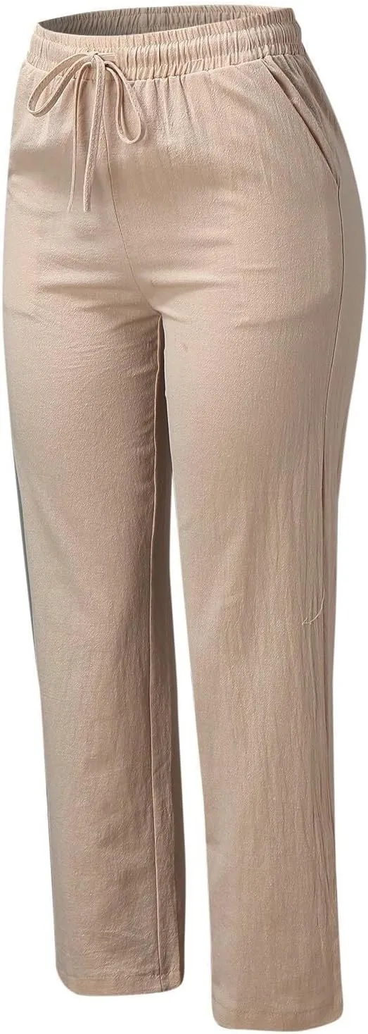 Women Casual Straight Pants High Waisted Elastic Drawstring Trousers Cotton&Linen Comfy Pant for Summer Beach Vacation