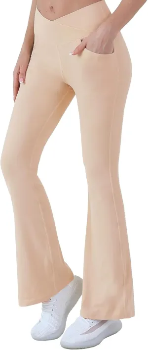 Women Flare Leggings with Side Pockets,Crossover Yoga Pants Bootleg High Waisted Stretchy Control Gym Workout Pants