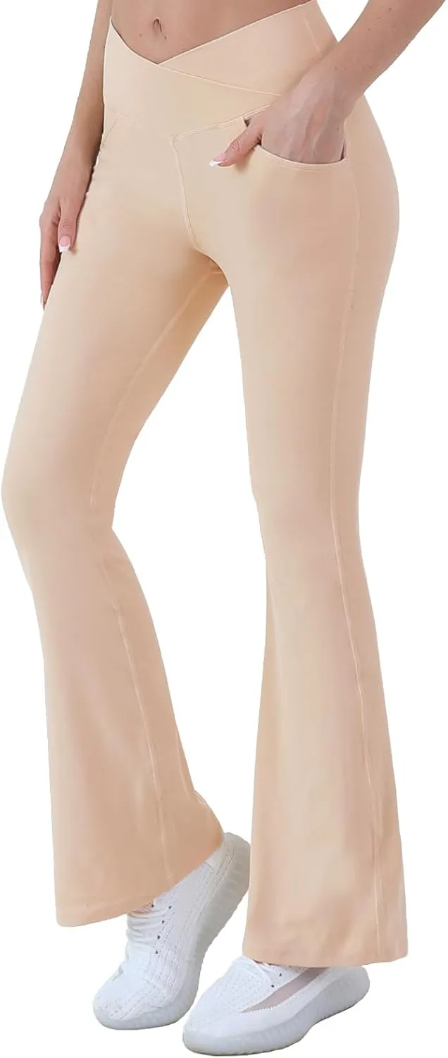 Women Flare Leggings with Side Pockets,Crossover Yoga Pants Bootleg High Waisted Stretchy Control Gym Workout Pants
