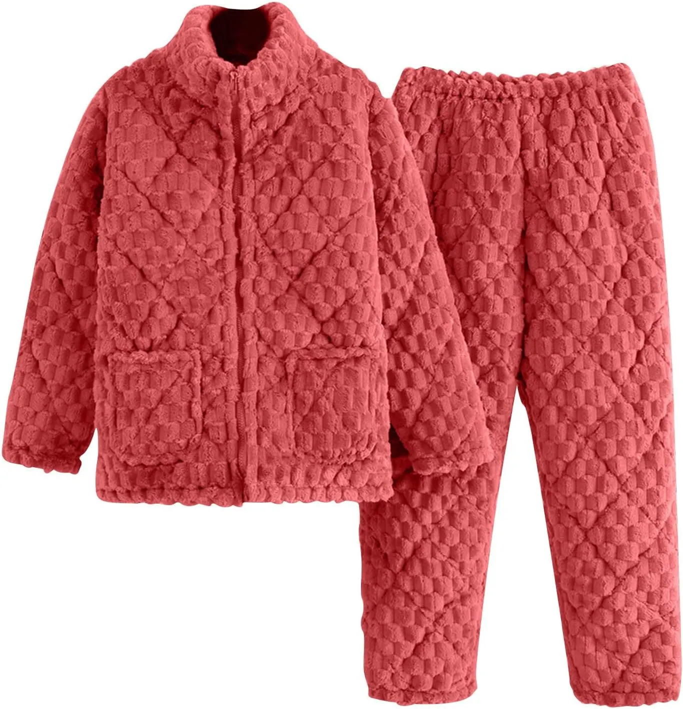 Women Fuzzy Warm Pajama Set, Long Sleeve Full Zip Loose Sleepwear Pants Soft Comfy Plus Size Loungewear with Pockets