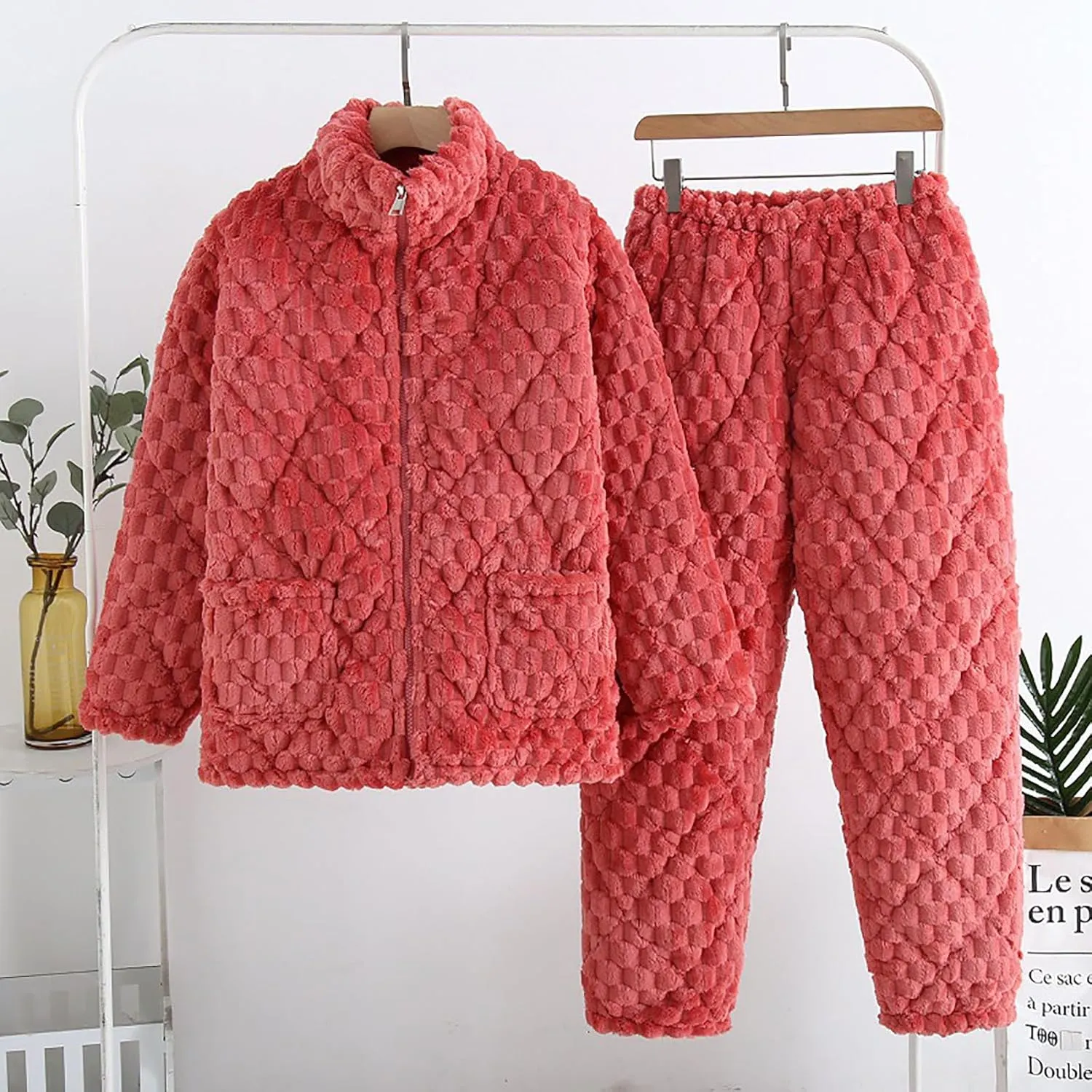 Women Fuzzy Warm Pajama Set, Long Sleeve Full Zip Loose Sleepwear Pants Soft Comfy Plus Size Loungewear with Pockets