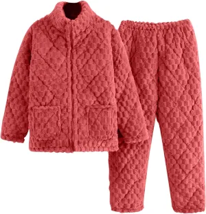Women Fuzzy Warm Pajama Set, Long Sleeve Full Zip Loose Sleepwear Pants Soft Comfy Plus Size Loungewear with Pockets