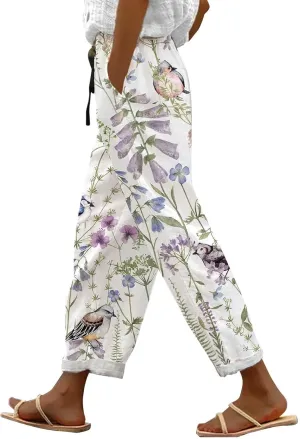 Women Linen Capris Elastic Waistband Cropped Wide Leg Casual Pants 2025 Summer Hiking Travel with Pockets