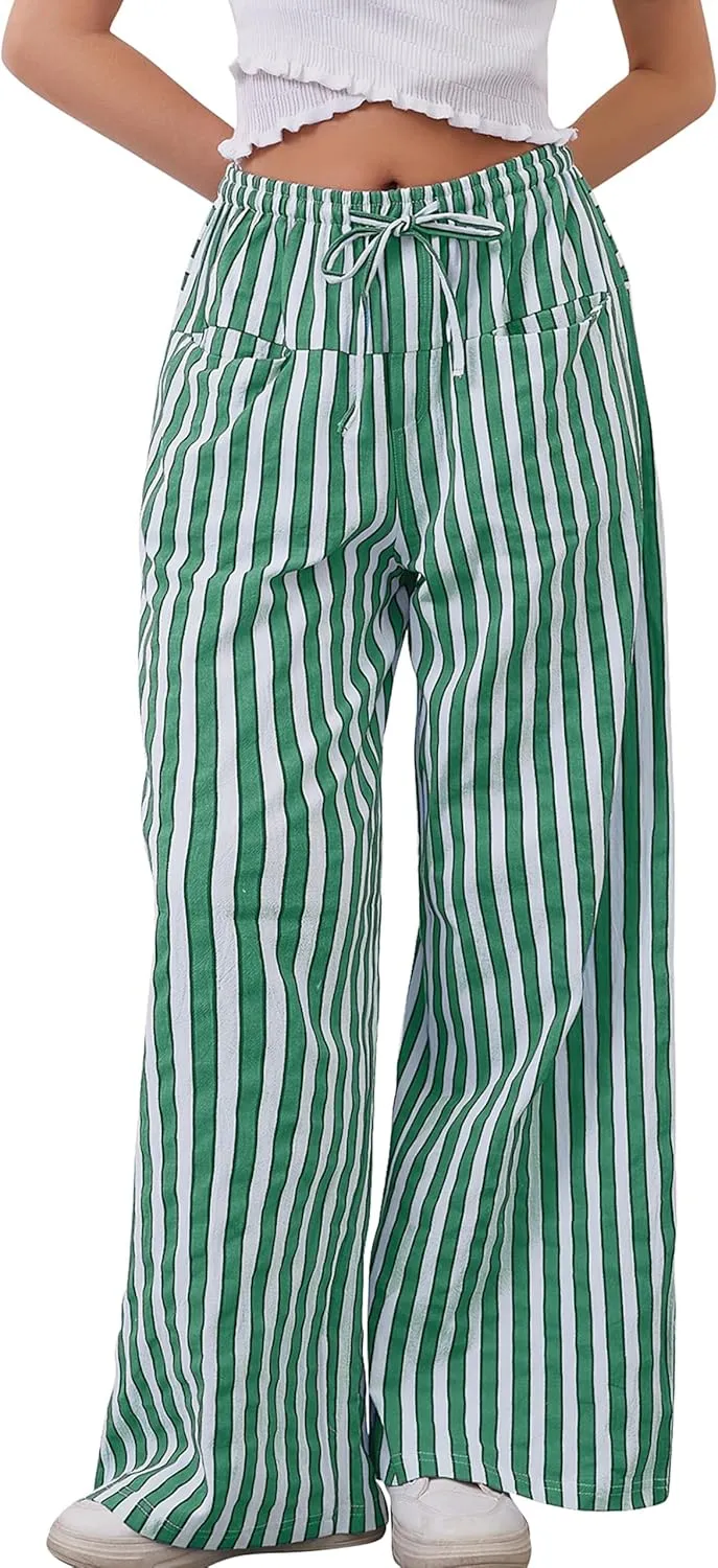 Women Loose Striped Wide Leg Pants Casual Drawstring Low Waist Pants Baggy Contrast Lounge Pants Straight Leg Trouser