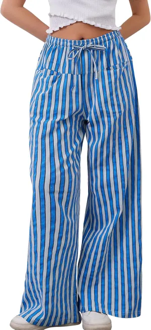 Women Loose Striped Wide Leg Pants Casual Drawstring Low Waist Pants Baggy Contrast Lounge Pants Straight Leg Trouser