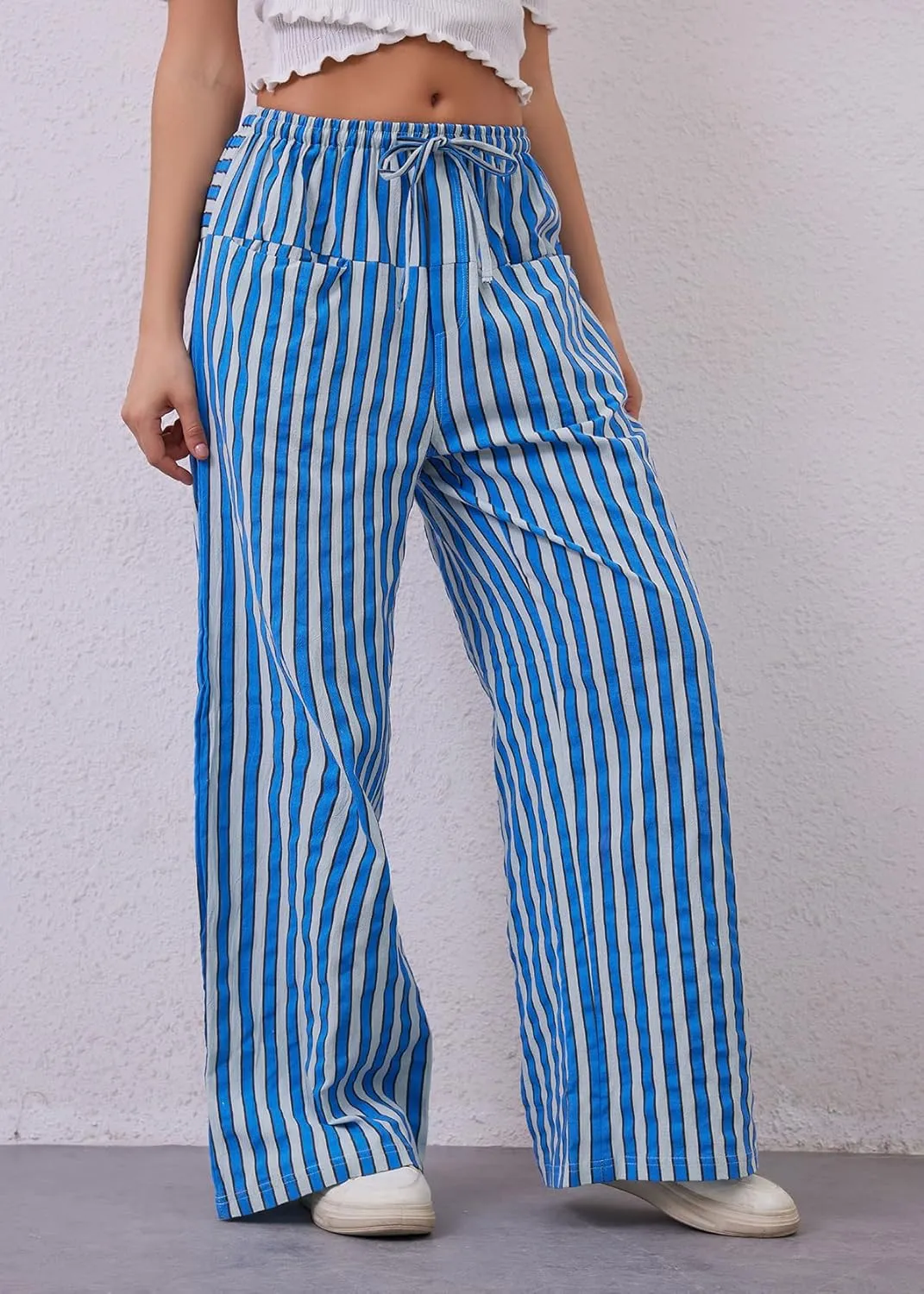Women Loose Striped Wide Leg Pants Casual Drawstring Low Waist Pants Baggy Contrast Lounge Pants Straight Leg Trouser