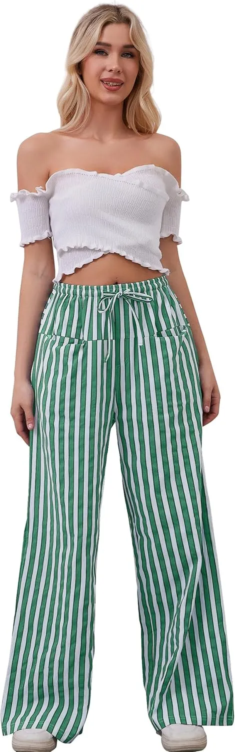 Women Loose Striped Wide Leg Pants Casual Drawstring Low Waist Pants Baggy Contrast Lounge Pants Straight Leg Trouser