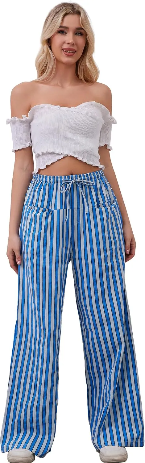 Women Loose Striped Wide Leg Pants Casual Drawstring Low Waist Pants Baggy Contrast Lounge Pants Straight Leg Trouser