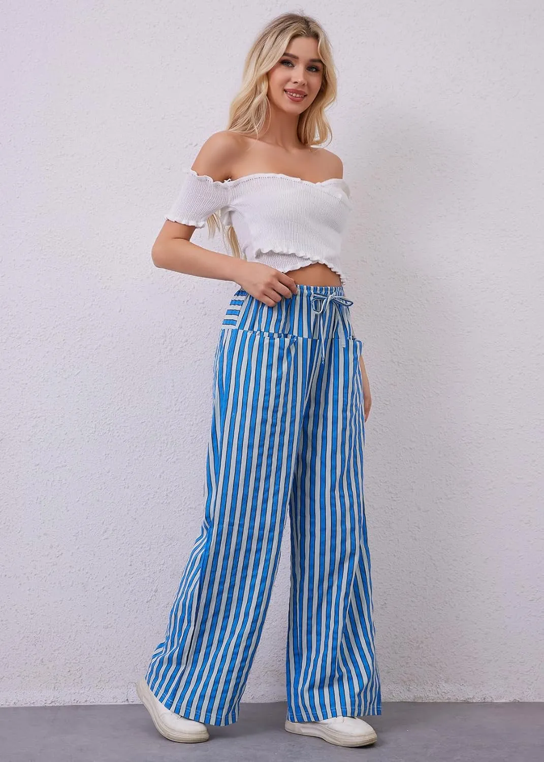 Women Loose Striped Wide Leg Pants Casual Drawstring Low Waist Pants Baggy Contrast Lounge Pants Straight Leg Trouser