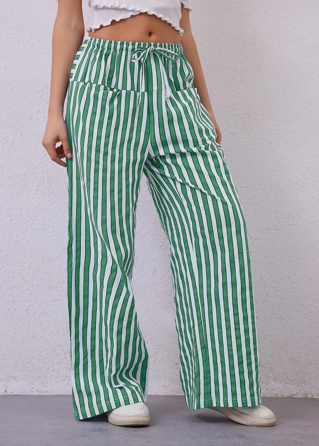 Women Loose Striped Wide Leg Pants Casual Drawstring Low Waist Pants Baggy Contrast Lounge Pants Straight Leg Trouser