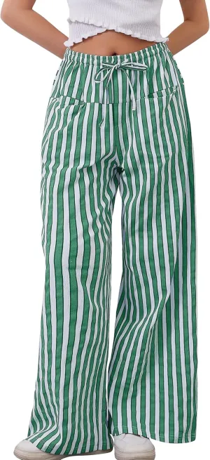Women Loose Striped Wide Leg Pants Casual Drawstring Low Waist Pants Baggy Contrast Lounge Pants Straight Leg Trouser
