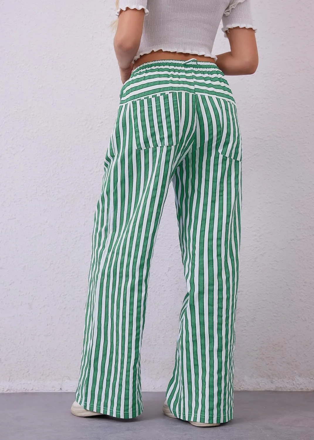 Women Loose Striped Wide Leg Pants Casual Drawstring Low Waist Pants Baggy Contrast Lounge Pants Straight Leg Trouser