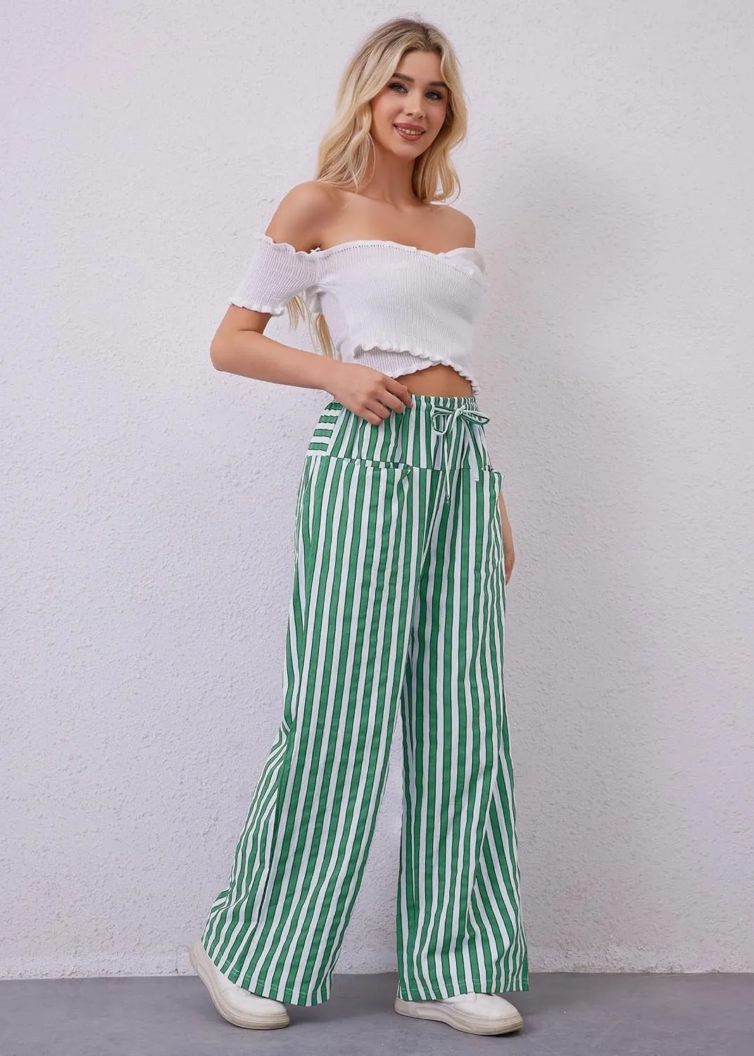 Women Loose Striped Wide Leg Pants Casual Drawstring Low Waist Pants Baggy Contrast Lounge Pants Straight Leg Trouser