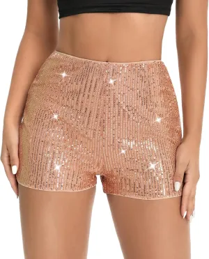 Women Sequin Shorts High Waist Elastic Sparkly Straight Leg Short Glitter Sparkle Hot Pants Party Outfits