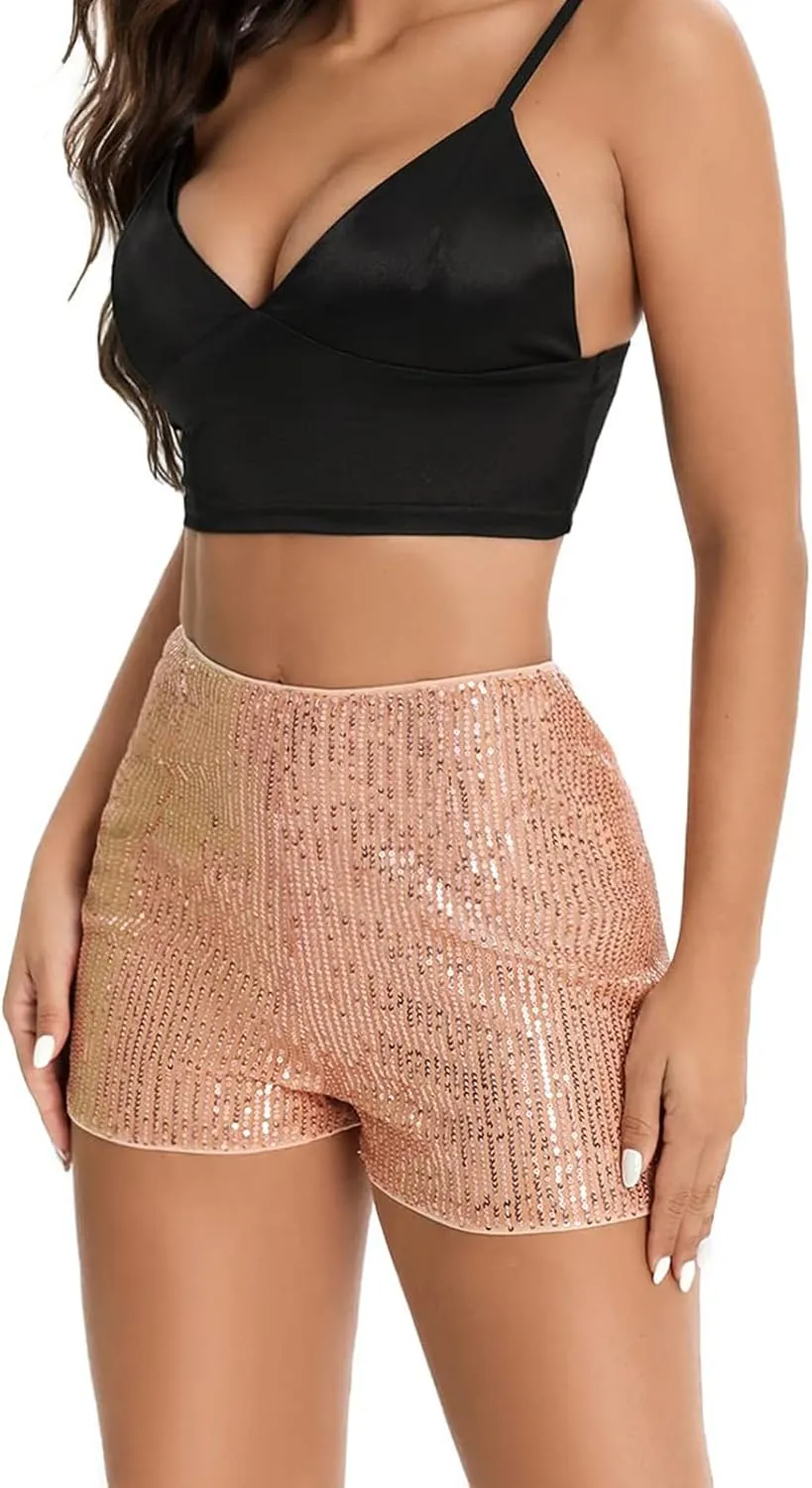 Women Sequin Shorts High Waist Elastic Sparkly Straight Leg Short Glitter Sparkle Hot Pants Party Outfits