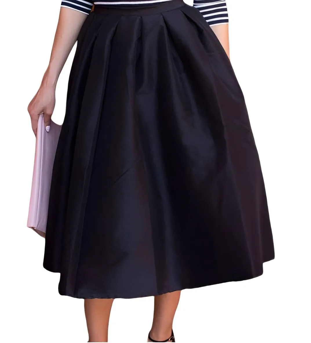 Women Skirt Midi-Length Black Taffeta Skirt One Pocket  Elegant Special Occasion Skirt