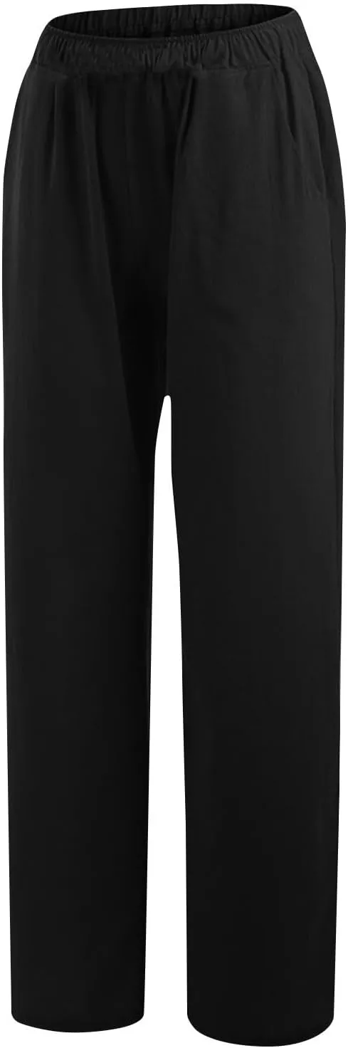 Women Summer Casual Cotton Linen Palazzo Pants Wide Leg Lounge Pant Long Trouser with Pocket Beach Vacation Outfits