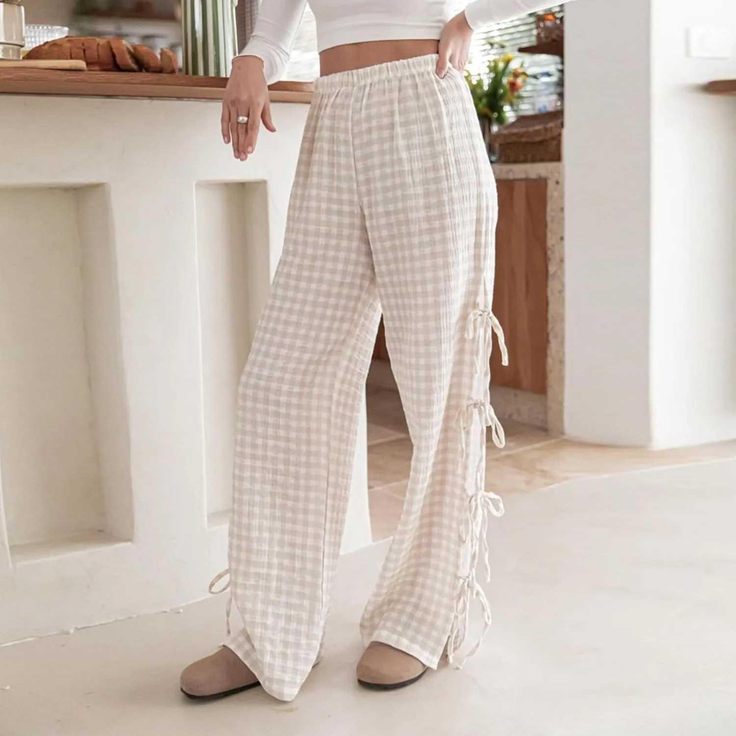 Women Y2K Plaid Stripe Pants Side Tie-Up Wide-Leg Straight Trousers Vintage Lounge Pants Sweatpants Pjs Bottoms