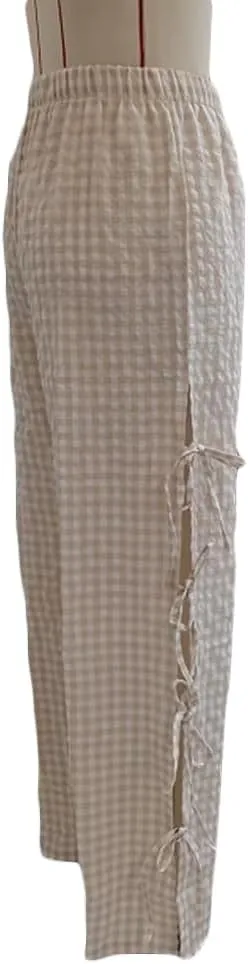Women Y2K Plaid Stripe Pants Side Tie-Up Wide-Leg Straight Trousers Vintage Lounge Pants Sweatpants Pjs Bottoms