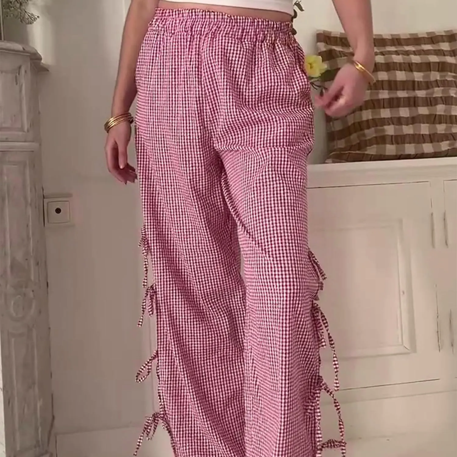Women Y2K Plaid Stripe Pants Side Tie-Up Wide-Leg Straight Trousers Vintage Lounge Pants Sweatpants Pjs Bottoms