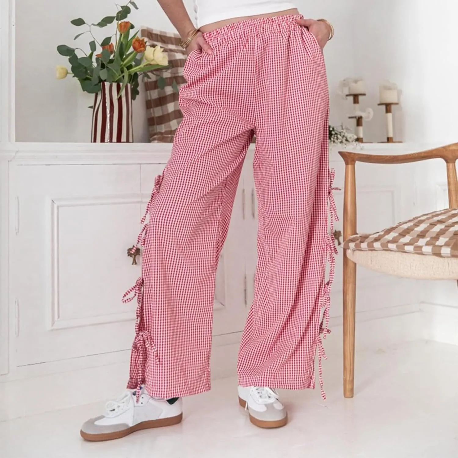 Women Y2K Plaid Stripe Pants Side Tie-Up Wide-Leg Straight Trousers Vintage Lounge Pants Sweatpants Pjs Bottoms